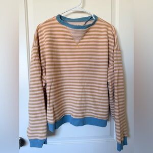We The Free Beige and Blue Striped Crewneck Sweater